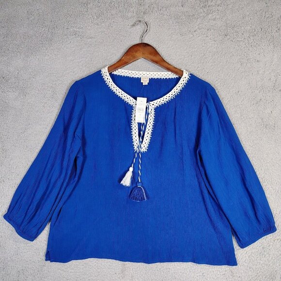 LOFT Tops - Loft Beach Top Women's Medium Blue White Lace Neck Tassel Tie Blouse Coastal NWT